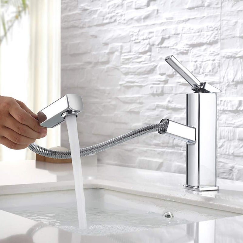 KAIYING Bathroom Sink Faucet with Pull Out Sprayer, Single Handle Basin Mixer Tap for Hot and Cold Water, Lavatory Pull Down Sink Faucet with Rotating Spout (Regular, Chrome) - Image 1